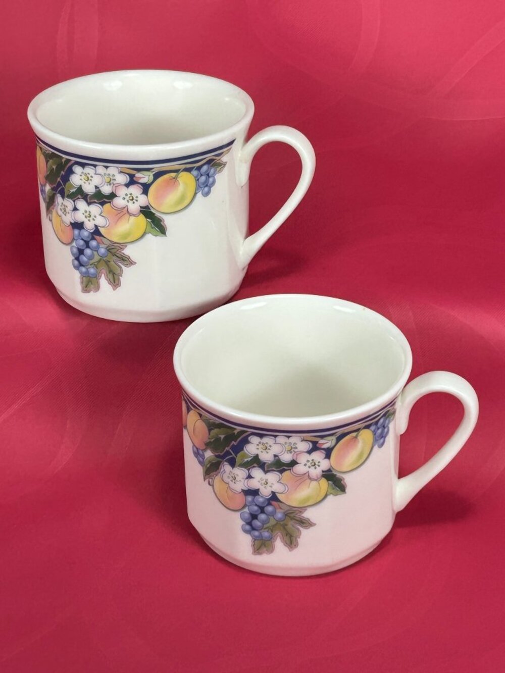 pair of colorful fruits floral tea cups. Royal Doulton UK Marseilles